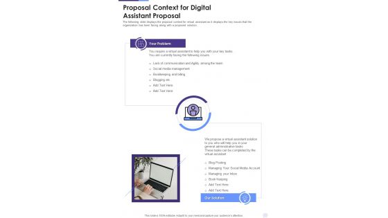 Proposal Context For Digital Assistant Proposal One Pager Sample Example Document Proposal Context For Digital Assistant Proposal One Pager Sample Example Document