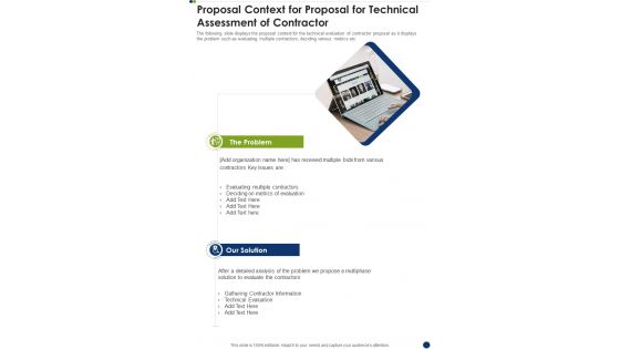 Proposal Context For Proposal For Technical Assessment Of Contractor One Pager Sample Example Document Proposal Context For Proposal For Technical Assessment Of Contractor One Pager Sample Example Document