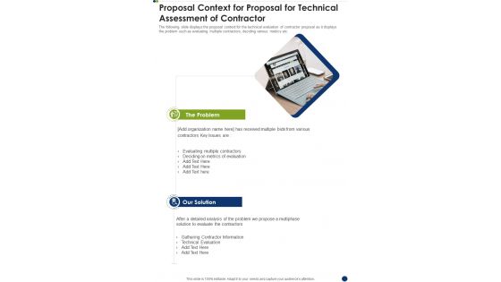 Proposal Context For Proposal For Technical Assessment Of Contractor One Pager Sample Example Document