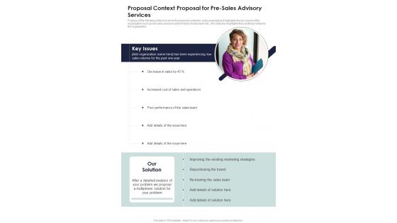 Proposal Context Proposal For Pre Sales Advisory Services One Pager Sample Example Document