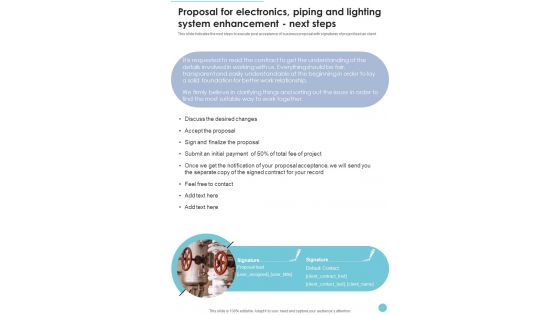 Proposal Electronics Piping Lighting System Enhancement Next Steps One Pager Sample Example Document Proposal Electronics Piping Lighting System Enhancement Next Steps One Pager Sample Example Document