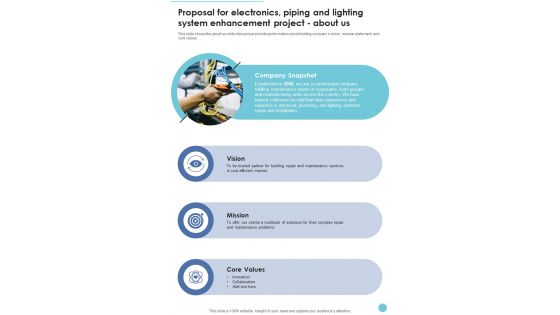 Proposal Electronics Piping Lighting System Enhancement Project About Us One Pager Sample Example Document