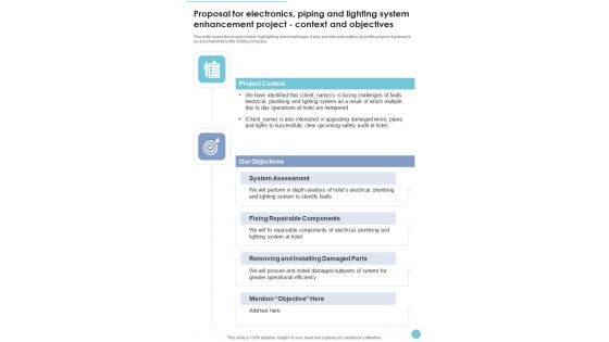 Proposal Electronics Piping Lighting System Enhancement Project Context Objectives One Pager Sample Example Document