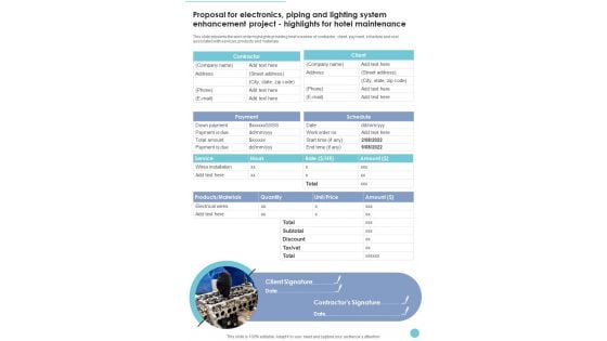 Proposal Electronics Piping Lighting System Enhancement Project Highlights One Pager Sample Example Document