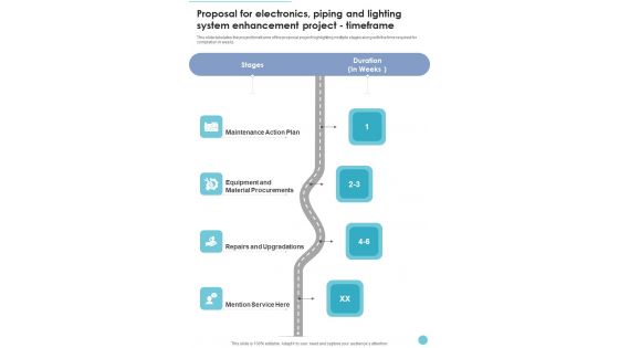 Proposal Electronics Piping Lighting System Enhancement Project Timeframe One Pager Sample Example Document Proposal Electronics Piping Lighting System Enhancement Project Timeframe One Pager Sample Example Document