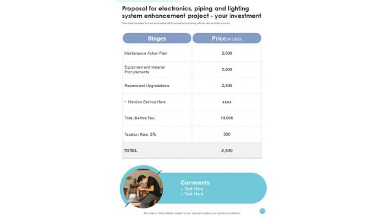 Proposal Electronics Piping Lighting System Enhancement Project Your Investment One Pager Sample Example Document