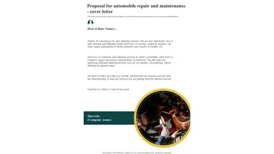 Proposal For Automobile Repair And Maintenance Cover Letter One Pager Sample Example Document