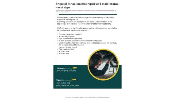 Proposal For Automobile Repair And Maintenance Next Steps One Pager Sample Example Document