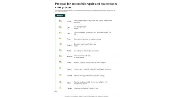 Proposal For Automobile Repair And Maintenance Our Process One Pager Sample Example Document Proposal For Automobile Repair And Maintenance Our Process One Pager Sample Example Document