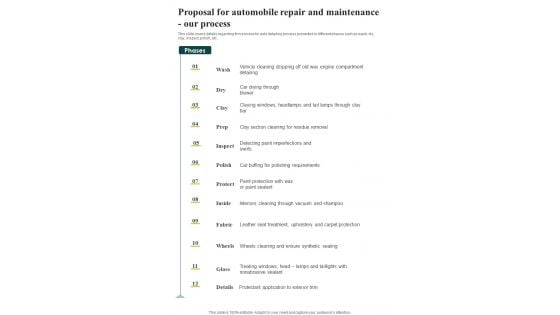 Proposal For Automobile Repair And Maintenance Our Process One Pager Sample Example Document