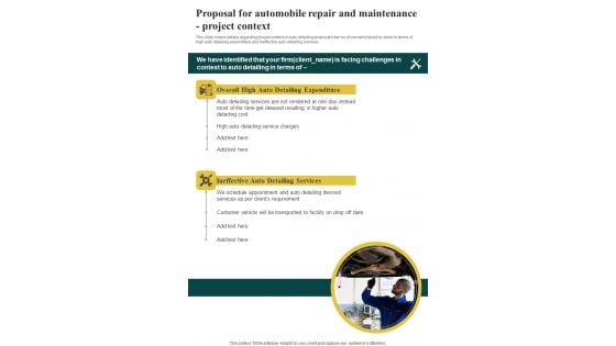 Proposal For Automobile Repair And Maintenance Project Context One Pager Sample Example Document