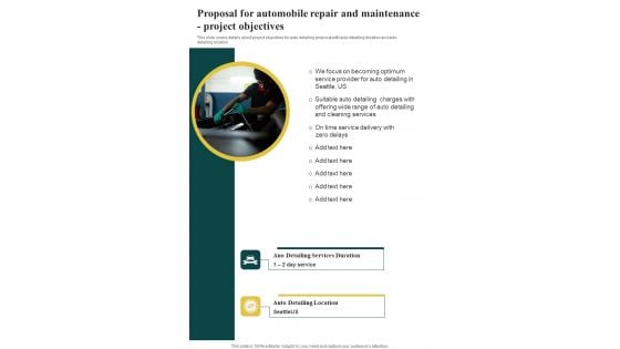 Proposal For Automobile Repair And Maintenance Project Objectives One Pager Sample Example Document