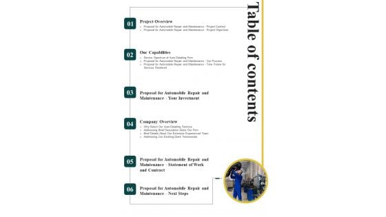 Proposal For Automobile Repair And Maintenance Table Of Contents One Pager Sample Example Document Proposal For Automobile Repair And Maintenance Table Of Contents One Pager Sample Example Document