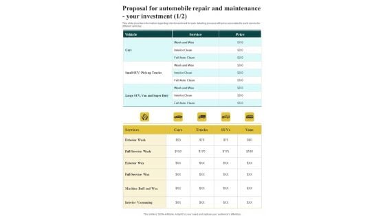 Proposal For Automobile Repair And Maintenance Your Investment One Pager Sample Example Document Proposal For Automobile Repair And Maintenance Your Investment One Pager Sample Example Document