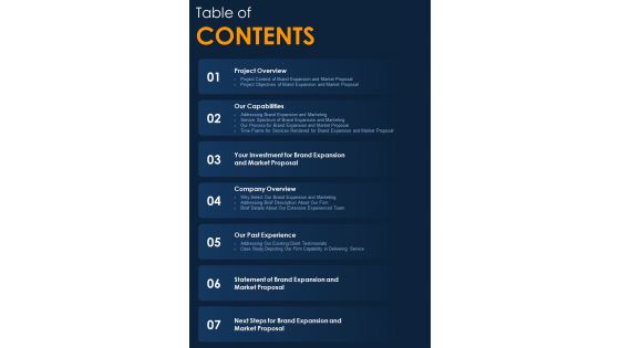 Proposal For Brand Expansion And Marketing Table Of Contents One Pager Sample Example Document Proposal For Brand Expansion And Marketing Table Of Contents One Pager Sample Example Document