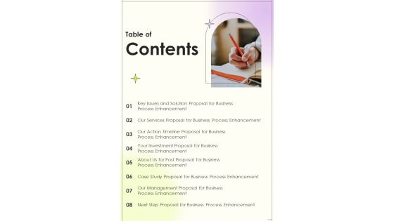 Proposal For Business Process Enhancement Table Of Contents One Pager Sample Example Document Proposal For Business Process Enhancement Table Of Contents One Pager Sample Example Document