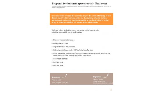 Proposal For Business Space Rental Next Steps One Pager Sample Example Document