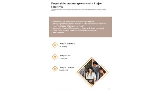 Proposal For Business Space Rental Project Objectives One Pager Sample Example Document