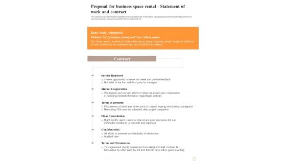 Proposal For Business Space Rental Statement Of Work And Contract One Pager Sample Example Document