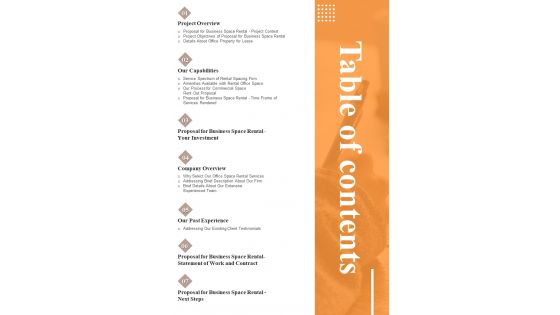 Proposal For Business Space Rental Table Of Contents One Pager Sample Example Document Proposal For Business Space Rental Table Of Contents One Pager Sample Example Document