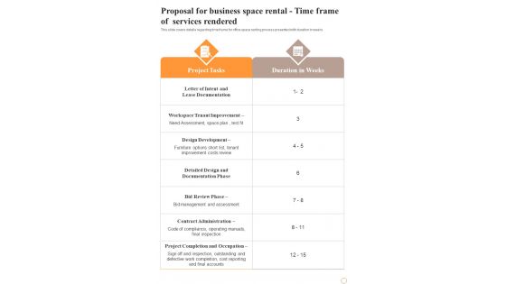 Proposal For Business Space Rental Time Frame Of Services Rendered One Pager Sample Example Document Proposal For Business Space Rental Time Frame Of Services Rendered One Pager Sample Example Document