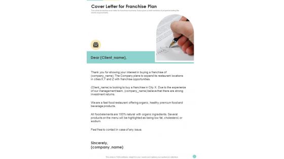 Proposal For Cafeteria Business Cover Letter For Franchise Plan One Pager Sample Example Document