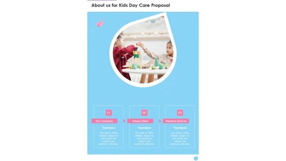 Proposal For Child Care About Us For Kids Day Care Proposal One Pager Sample Example Document