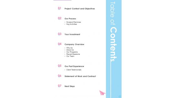 Proposal For Child Care Table Of Contents One Pager Sample Example Document