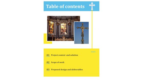 Proposal For Church Building Development Table Of Contents One Pager Sample Example Document