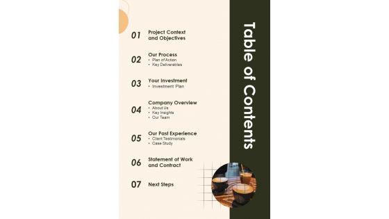 Proposal For Coffee Restaurant Table Of Contents One Pager Sample Example Document