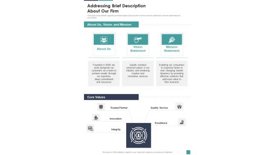 Proposal For Company Acquisition Addressing Brief Description One Pager Sample Example Document Proposal For Company Acquisition Addressing Brief Description One Pager Sample Example Document