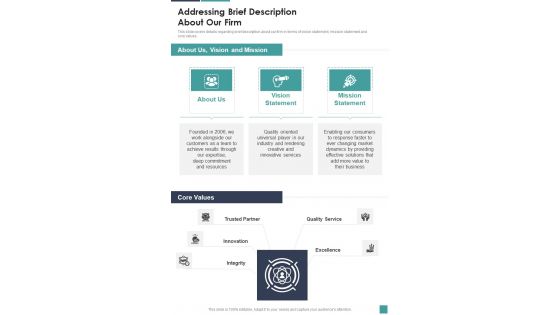 Proposal For Company Acquisition Addressing Brief Description One Pager Sample Example Document