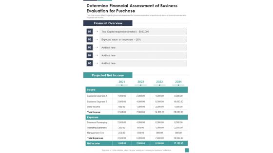 Proposal For Company Acquisition Determine Financial Assessment One Pager Sample Example Document