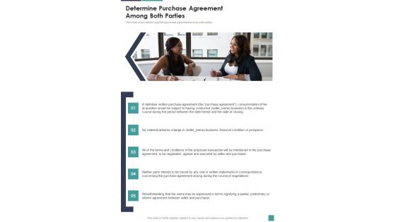 Proposal For Company Acquisition Determine Purchase Agreement Among One Pager Sample Example Document
