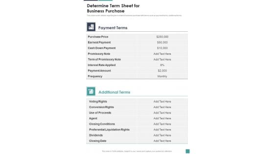 Proposal For Company Acquisition Determine Term Sheet For Business One Pager Sample Example Document