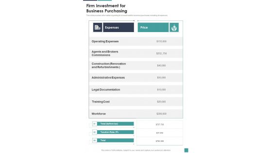 Proposal For Company Acquisition Firm Investment For Business One Pager Sample Example Document Proposal For Company Acquisition Firm Investment For Business One Pager Sample Example Document