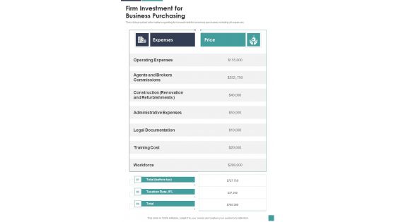 Proposal For Company Acquisition Firm Investment For Business One Pager Sample Example Document