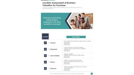 Proposal For Company Acquisition Location Assessment Of Business One Pager Sample Example Document
