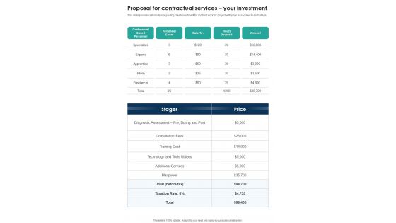 Proposal For Contractual Services Your Investment One Pager Sample Example Document Proposal For Contractual Services Your Investment One Pager Sample Example Document