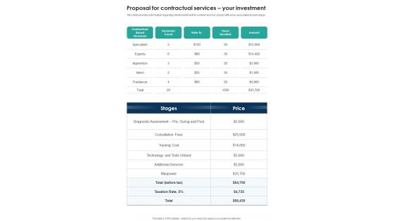 Proposal For Contractual Services Your Investment One Pager Sample Example Document