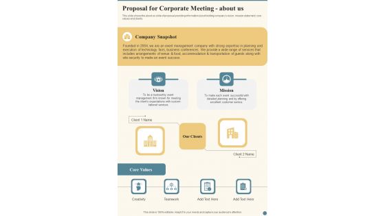 Proposal For Corporate Meeting About Us One Pager Sample Example Document