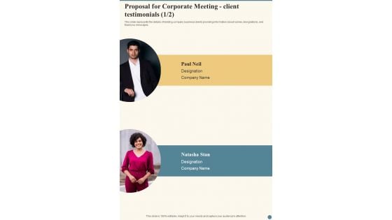 Proposal For Corporate Meeting Client Testimonials One Pager Sample Example Document