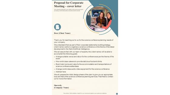 Proposal For Corporate Meeting Cover Letter One Pager Sample Example Document