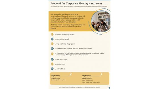 Proposal For Corporate Meeting Next Steps One Pager Sample Example Document Proposal For Corporate Meeting Next Steps One Pager Sample Example Document