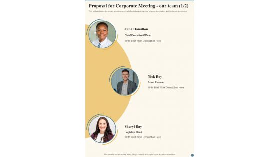 Proposal For Corporate Meeting Our Team One Pager Sample Example Document Proposal For Corporate Meeting Our Team One Pager Sample Example Document