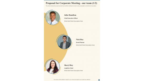 Proposal For Corporate Meeting Our Team One Pager Sample Example Document