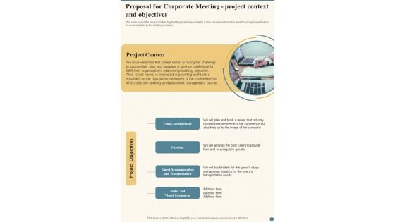 Proposal For Corporate Meeting Project Context And Objectives One Pager Sample Example Document