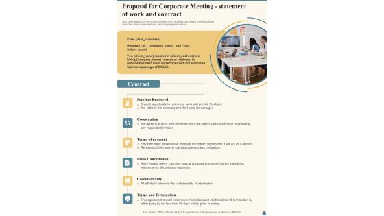 Proposal For Corporate Meeting Statement Of Work And Contract One Pager Sample Example Document