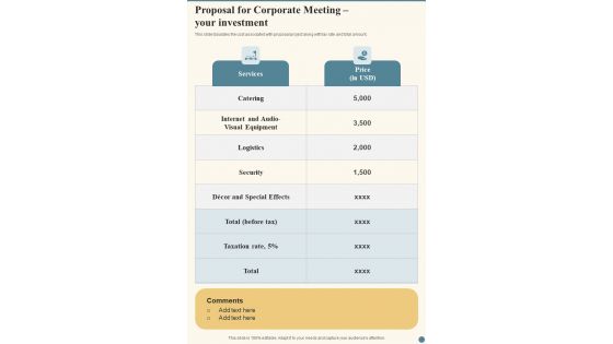 Proposal For Corporate Meeting Your Investment One Pager Sample Example Document
