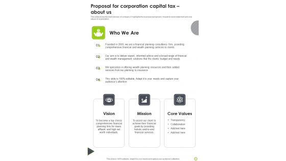 Proposal For Corporation Capital Tax About Us One Pager Sample Example Document